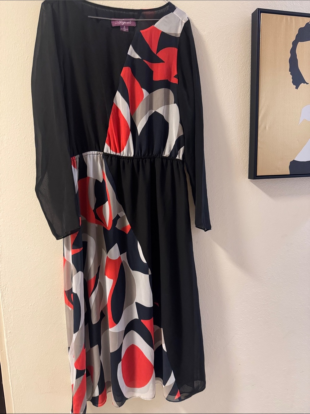 Abstract Print Black Long-Sleeve Midi Dress by Argenti
